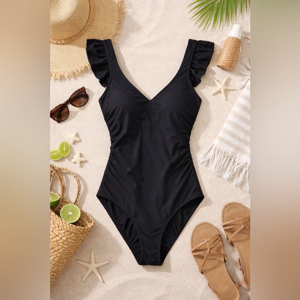 Time and Tru Black Swimsuit with Ruffle Detail